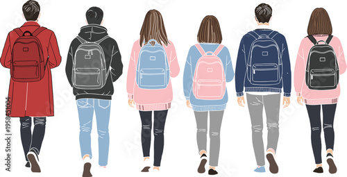Back View of Diverse Group of Students Walking Together with Backpacks Wearing Casual Autumn Clothes for University Education and Lifestyle