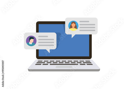 Laptop chat interface with user message bubbles stock illustration.