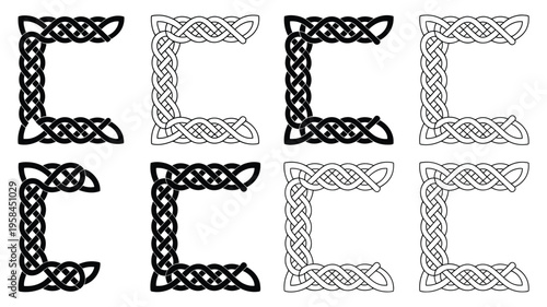 Eight unique Celtic knotwork corner designs for decorative borders and frame elements, intricate interlaced patterns with traditional ornament style, vintage heritage motifs, clean vector illustration