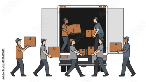 Box Loading Crew: A dedicated team efficiently loads cardboard boxes into a transport truck, symbolizing the process of moving and shipping goods