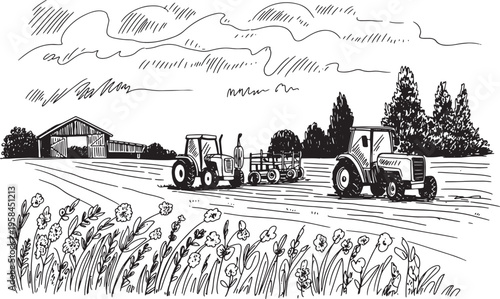Rustic farm scene with tractors and barn building surrounded by wildflowers and trees sketch art. Vector illustration