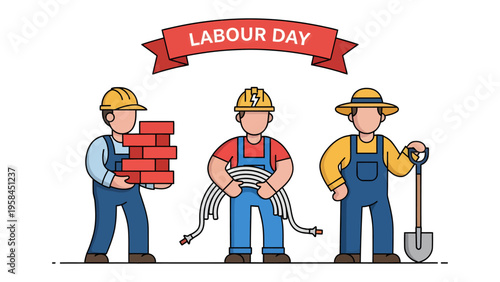 Celebrating Labor Day: A vibrant illustration showcasing the spirit of Labor Day with three hardworking individuals. representing construction.