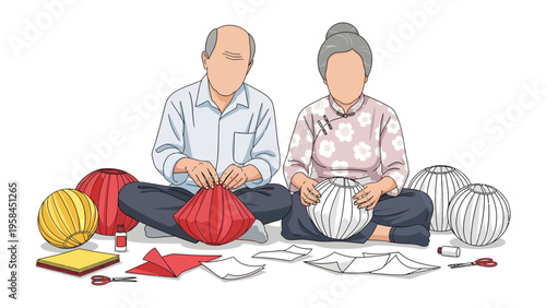 Crafting Lanterns: A senior couple engrossed in the art of crafting delicate lantern, their hands working in tandem to bring light and color into the world.
