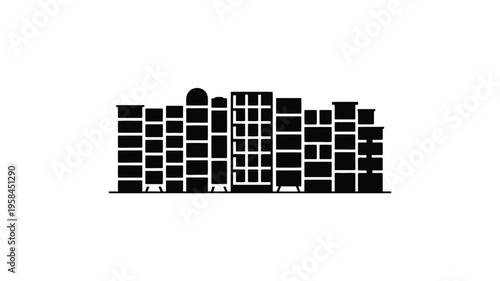 Black silhouette of a modern city skyline with tall buildings and skyscrapers on a white background