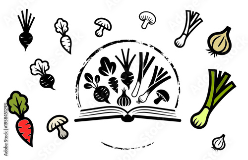 Cookbook icon with vegetable illustrations for healthy recipes, organic cooking blog branding and culinary education marketing materials