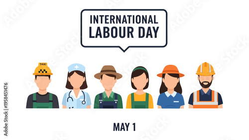 International Labour Day: A diverse group of workers, including a taxi driver, doctor, farmer, and construction worker.