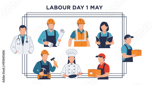 Labour Day Professionals: A diverse array of professionals, each representing various sectors, gather to celebrate Labour Day, embodying the spirit of dedication and hard work.