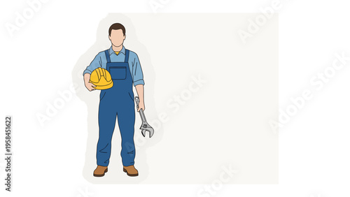 Construction Worker Illustration: An illustration of construction worker in blue overall carrying yellow safety helmet and wrench, exuding competence and reliability.