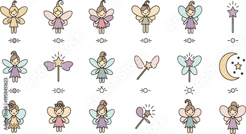 Cute fairy characters vector illustration set with magical wings, wands, stars, and moon in pastel colors for kids fantasy and nursery design.