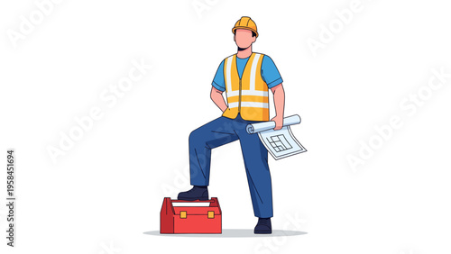 Confident Architect: A focused architect stands tall, surveying the landscape. Blueprint in hand, with safety equipment, envisioning the realization of their design