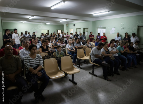 Diverse group of woman, man and child waiting in hospital clinic lobby for medical appointment. Crowded public waiting room in healthcare facility. Patient service and triage concept.
