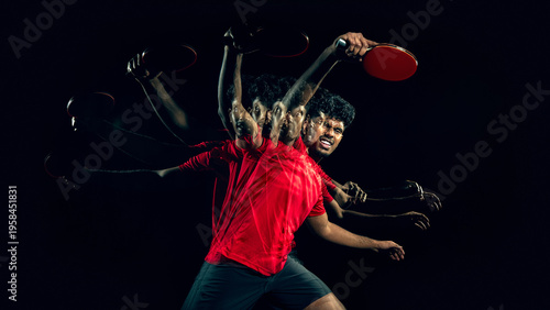 Table tennis player in extended motion sequence in dark studio with copy space. Concept of wide banner layout, sports advertising template, storytelling motion design and creative campaign visual.