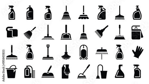 Cleaning supplies and tools icons set including brooms mops spray bottles buckets gloves on white background