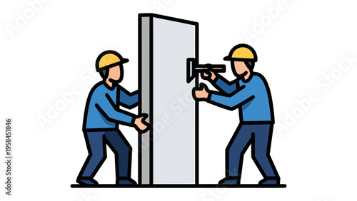 Construction Craftsmen at Work: Two skilled construction workers meticulously install a door, showcasing teamwork and precision.