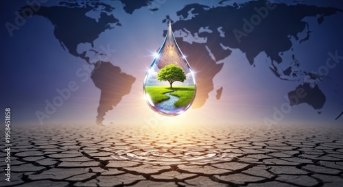 World Map Background With Cracked Earth And A Water Droplet Containing A Tree And Stream