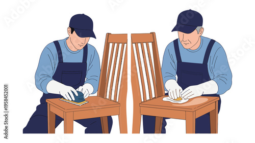 Crafting Harmony: Skilled craftsmen meticulously restore antique chairs with care and precision, showcasing the artistry of furniture repair and restoration.