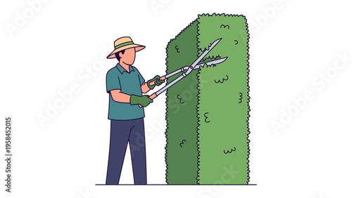 Gardener trimming bush with shears: A gardener neatly trims a large bush with shears, shaping it into a perfect cube with skill and precision.