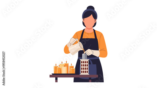 Candle Making: An artisan meticulously pouring liquid wax into a mold, surrounded by finished candles and tools of their craft, embodying the artistry and care of crafting a candle.