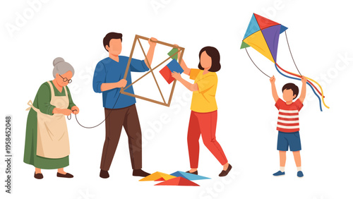 Family Time: A multigenerational family engages in a delightful kite-making and flying session, bonding over the joys of craftsmanship and outdoor fun.
