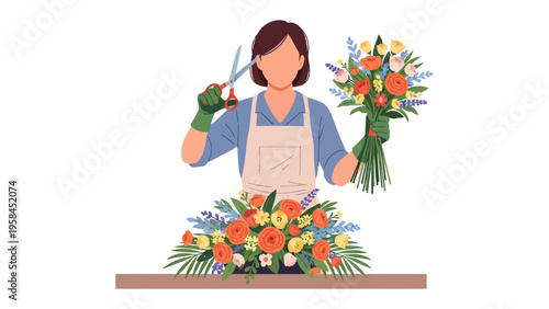 Blooming Artistry: A florist skillfully arranges vibrant blossoms, crafting a bouquet with precision and passion, showcasing the beauty of floral design.
