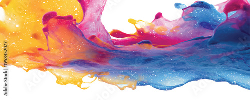 Colorful Paint Splash and Water Explosion Isolated on White, Abstract Vibrant Rainbow Ink Splatter with Droplets for Creative Art Design, Multi-Colored Liquid Motion Vector Illustration.