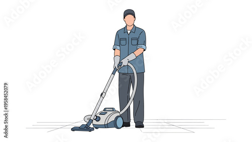 Janitor Cleaning with Vacuum: A dedicated janitor meticulously cleans a tiled floor using a vacuum cleaner. His focused work demonstrates commitment to cleanliness and a hygienic environment.