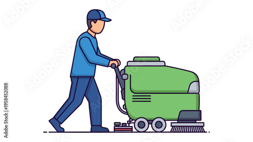 Sweeping Clean: An illustration of a worker using a floor cleaner machine.