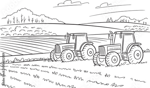 Agricultural landscape with two tractors working on farm fields under cloudy sky line art drawing. Vector illustration