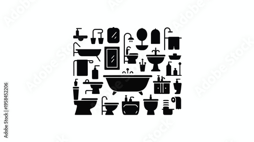 Black and white bathroom icons set including sinks toilets showers bathtubs and faucets on a white background for design and decoration