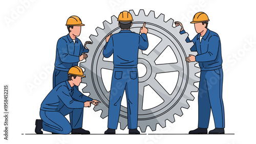 Teamwork and Precision: A skilled team of engineers collaborates to assemble a giant gear, symbolizing the intricacies of industry, coordination, and the precision required for seamless operations. 