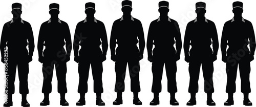 Row of Seven Silhouette Soldiers in Military Uniform Standing in Formation Professional Army Men Vector Illustration for Security and Defense