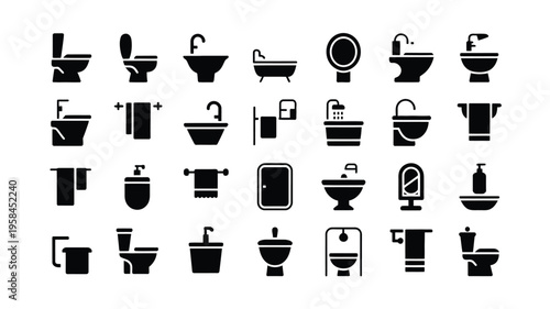 Collection of black and white bathroom icons including toilets sinks and bathtubs on a plain background for design and decoration purposes