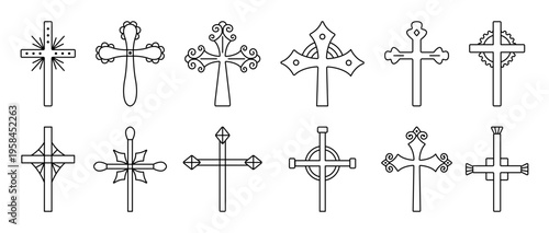 Christian cross black line icon set. Monochrome outline decorative sign collection, editable stroke isolated religious symbols, elegant and stylish various cliparts
