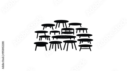 Multiple black stools stacked in a triangular formation on a white background for interior design concept
