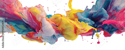 Colorful Paint Splash and Water Explosion Isolated on White, Abstract Vibrant Rainbow Ink Splatter with Droplets for Creative Art Design, Multi-Colored Liquid Motion Vector Illustration.