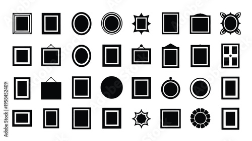 Schilderij op canvas Collection of various black and white photo frame icons and shapes on a plain ba