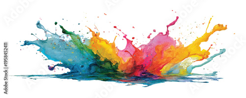 Colorful Paint Splash and Water Explosion Isolated on White, Abstract Vibrant Rainbow Ink Splatter with Droplets for Creative Art Design, Multi-Colored Liquid Motion Vector Illustration.