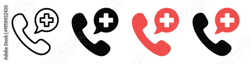 Emergency medical phone call icon set, urgent care communication symbols including ambulance call and medical contact icons, emergency hotline and telehealth elements, modern flat vector illustration 