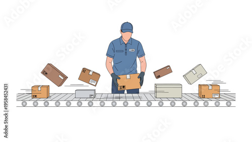 Sorting Packages on the Assembly Line: A diligent worker manages the flow of packages on an automated conveyor belt in a logistics setting, ensuring efficient processing and delivery.
