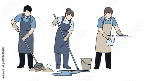 Daily Cleaning Routine: Three individuals diligently perform essential cleaning tasks, embodying dedication and hygiene. Focused on meticulousness and detail.