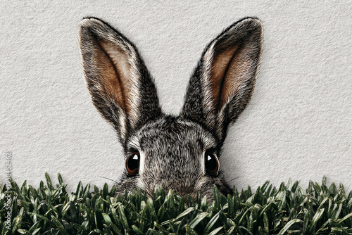 Realistic hand drawn rabbit peeking over grass with textured paper backdrop for greeting card background and spring banner design