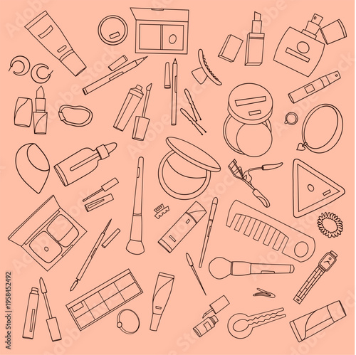Beauty Cosmetics Outline Seamless Pattern on Peach Background, Makeup Tools Vector Illustration