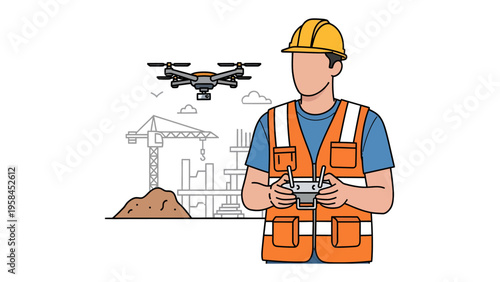 Drone Operator Inspecting a Construction Site: A construction worker skillfully maneuvers a drone, overseeing a dynamic construction site, where innovation merges with progress