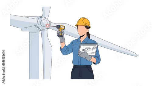 Wind Turbine Inspection: An engineer meticulously inspects a wind turbine, symbolizing the power of sustainable energy and the importance of infrastructure maintenance.