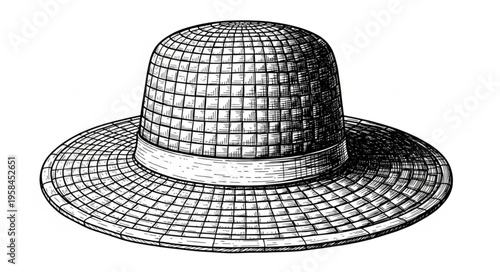 Vintage Straw Hat with Ribbon, Classic Summer Headwear Illustration.