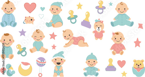 Cute baby characters and accessories vector illustration set with infants, pacifiers, toys, hearts, and pastel elements for nursery and kids design.