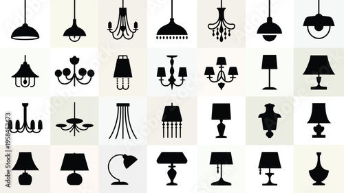 Collection of various lamp and lighting fixtures icons in black silhouette on white background for design and decoration