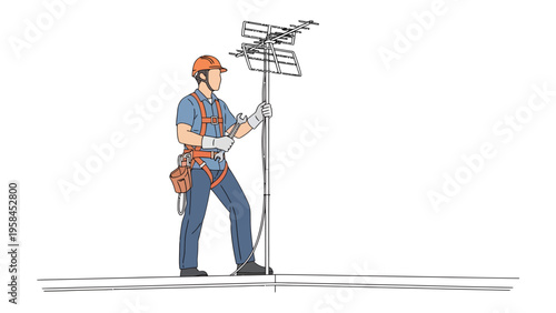 Antenna Installer: A skilled technician, equipped with safety gear, meticulously installs a large antenna, representing the vital link between technology and information.