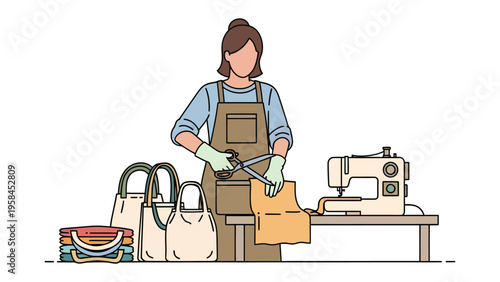 Artisan at Work: Woman crafting handmade textile, cutting fabric near a sewing machine with care and precision, bringing traditional skill and artistry to life.