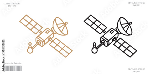 Satellite Icon Set Outline Orange Black Vector Illustration
